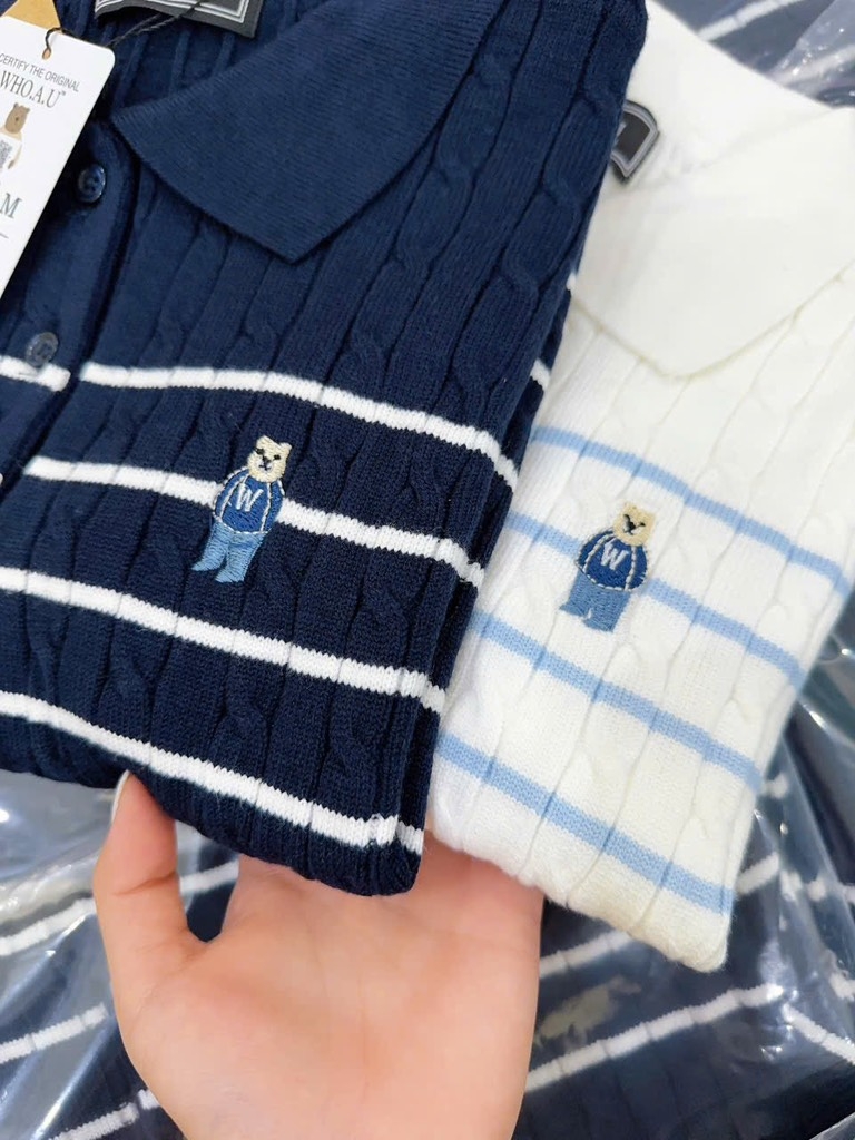 ÁO POLO LEN VẶN THỪNG THÊU GẤU CỘC TAY NỮ THU ĐÔNG
