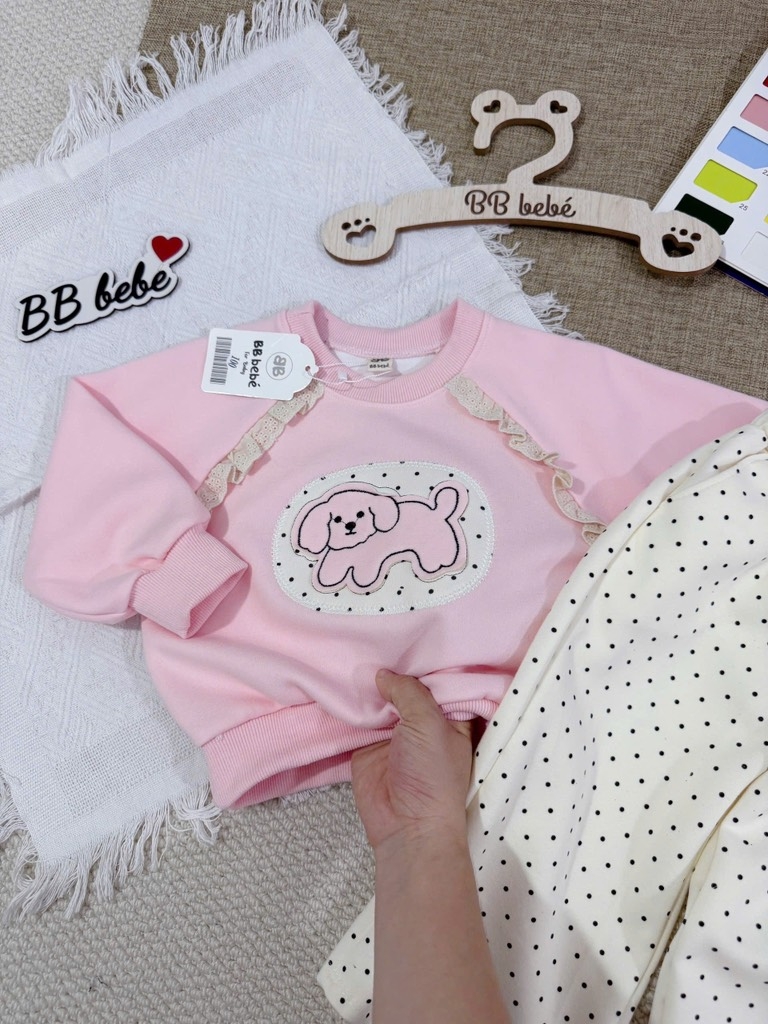 SET DÀI NỈ HAI DA CÚN HỒNG CHẤM BI BÉ GÁI