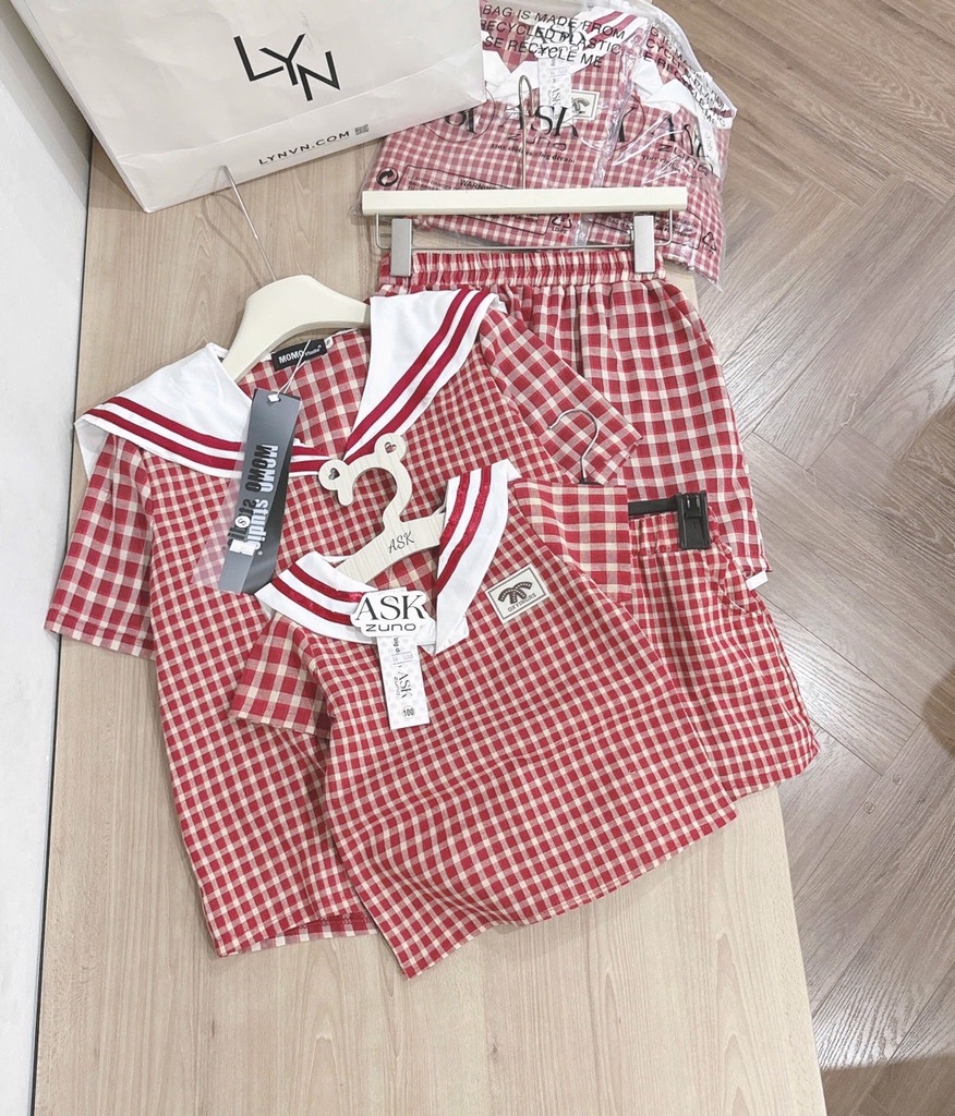 SET BỘ MẸ BÉ THUỶ THU CARO ĐỎ SẴN (XẢ 59k)