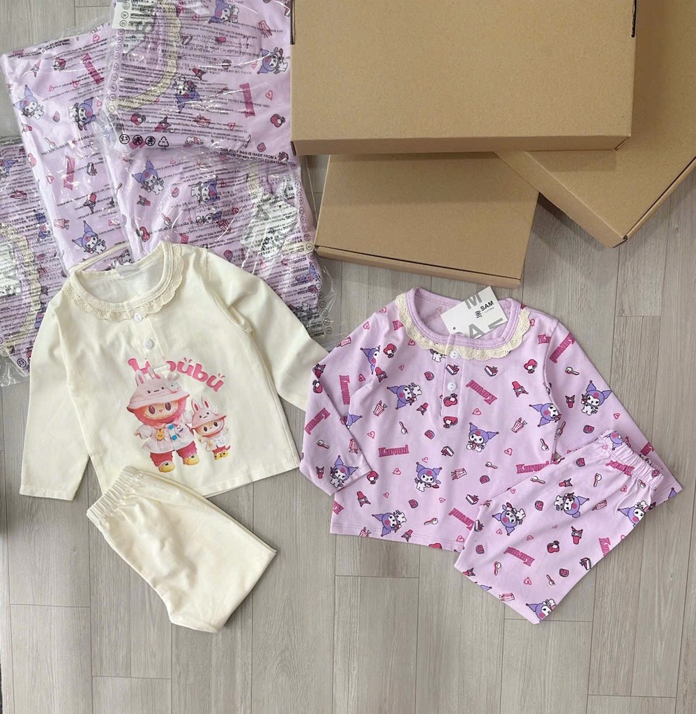 SET 2 BỘ DÀI LABUBU TÍM KEM PHỐI CỔ VIỀN REN CHO BÉ GÁI (XẢ 79k)