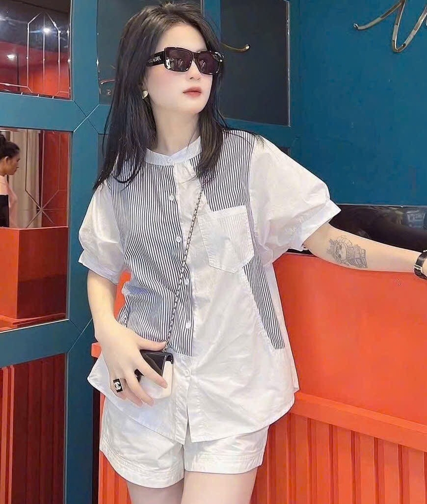 ÁO SƠ MI GU PHỐI KẺ CỔ TẦU CỘC TAY NỮ