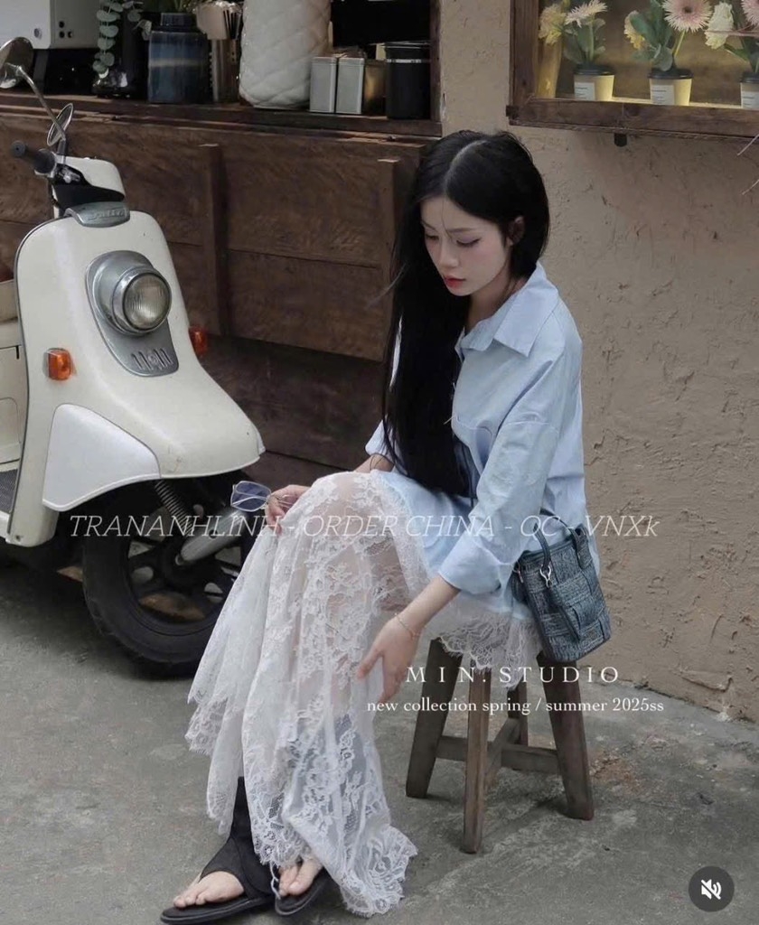 SET ÁO XANH PHỐI CHÂN VÁY REN TRẮNG NỮ
