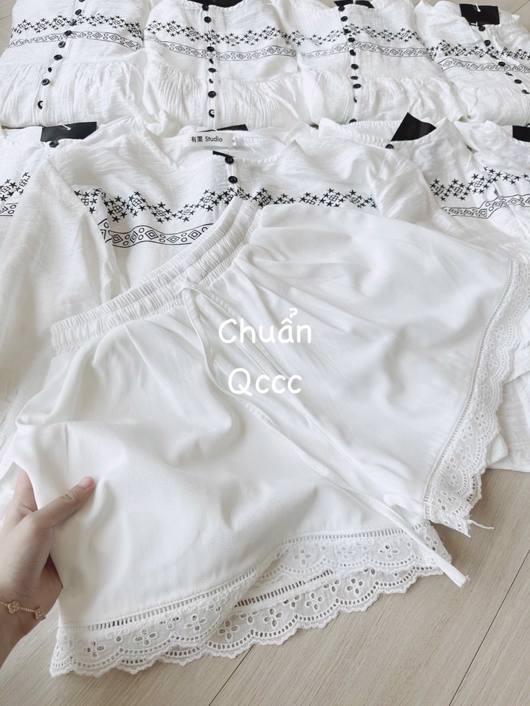 SET IN HOẠ TIẾT MIX QUẦN PHỐI REN GẤU NỮ