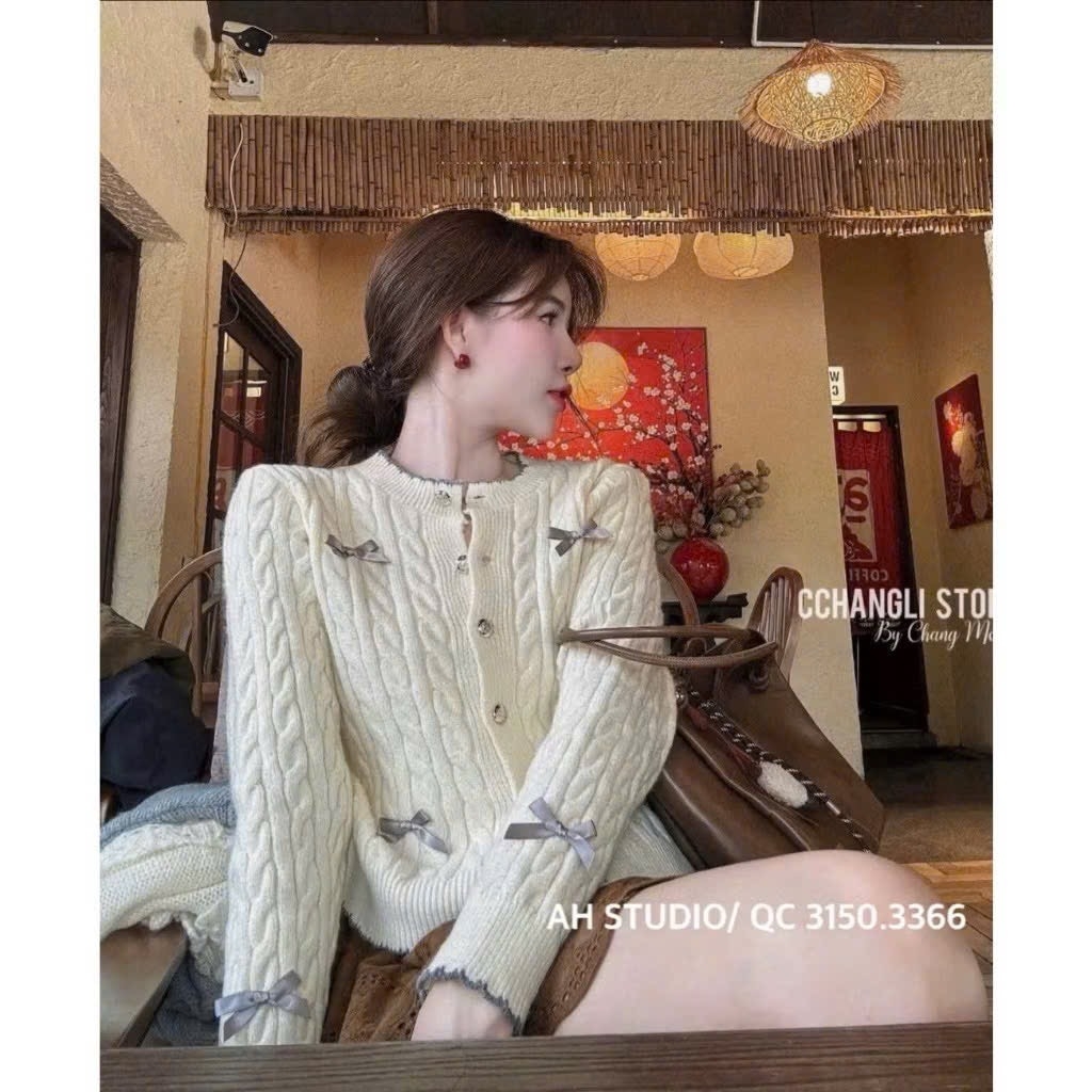 ÁO LEN CARDIGAN MÀU KEM ĐÍNH NƠ NỮ THU ĐÔNG