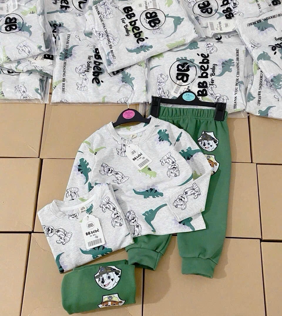 SÉT ÁO CHÓ CỨU HỘ KHỦNG LONG GHI MIX QUẦN XANH LÁ CHO BÉ YÊU