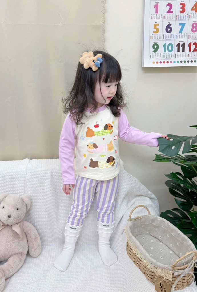 BỘ DÀI CHÓ CON NHỎ TONE TÍM BE QUẦN KẺ BÉ GÁI