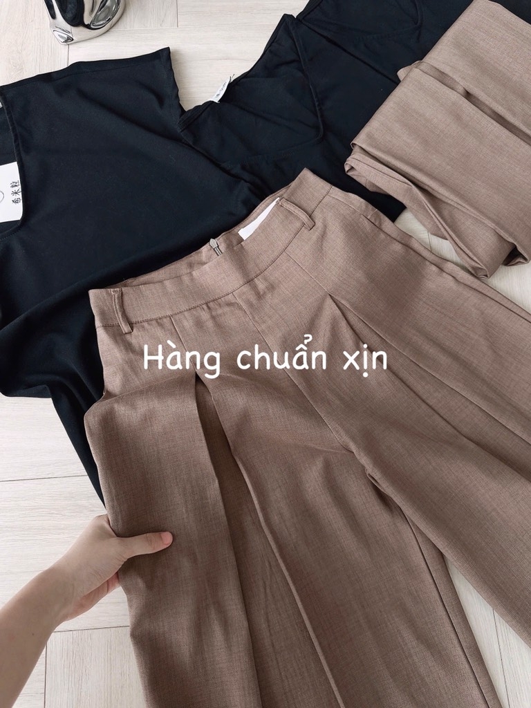 SET NÂU QUẦN LI ỐNG RỘNG MIX ÁO TIM LỆCH VAI NỮ SẴN (SALE 160k)