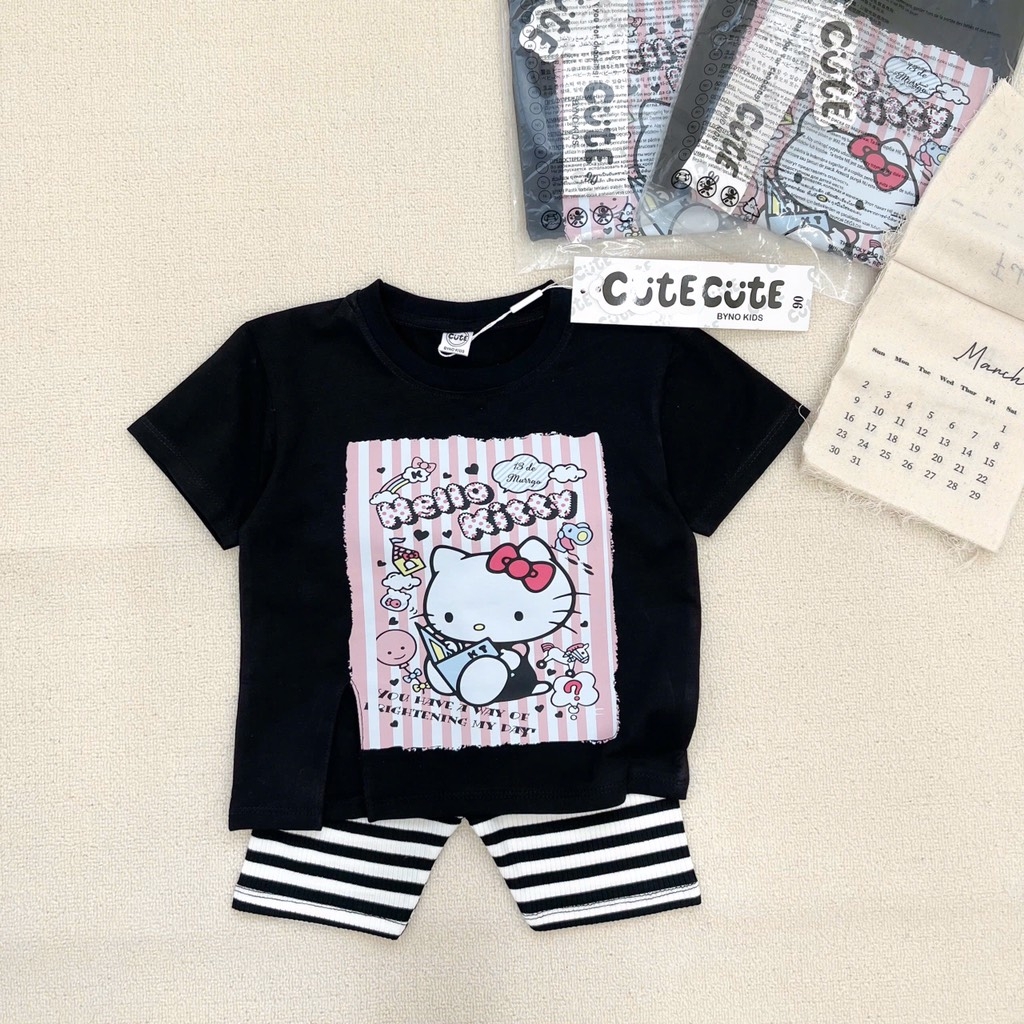 SET BỘ COTTON HELLO KITTY ĐEN MIX QUẦN LEGGING KẺ CHO BÉ GÁI