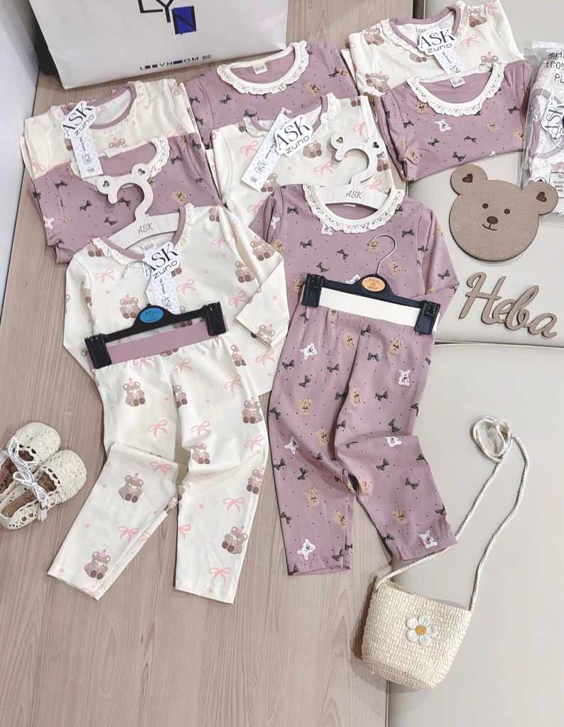 SET 2 BỘ DÀI COTTON GẤU NƠ MÀU HỒNG TÍM - BE BÉ GÁI