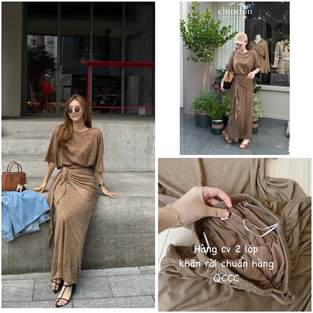 SET LEN NÂU VÁY SUÔNG BUỘC KHĂN NỮ THU ĐÔNG