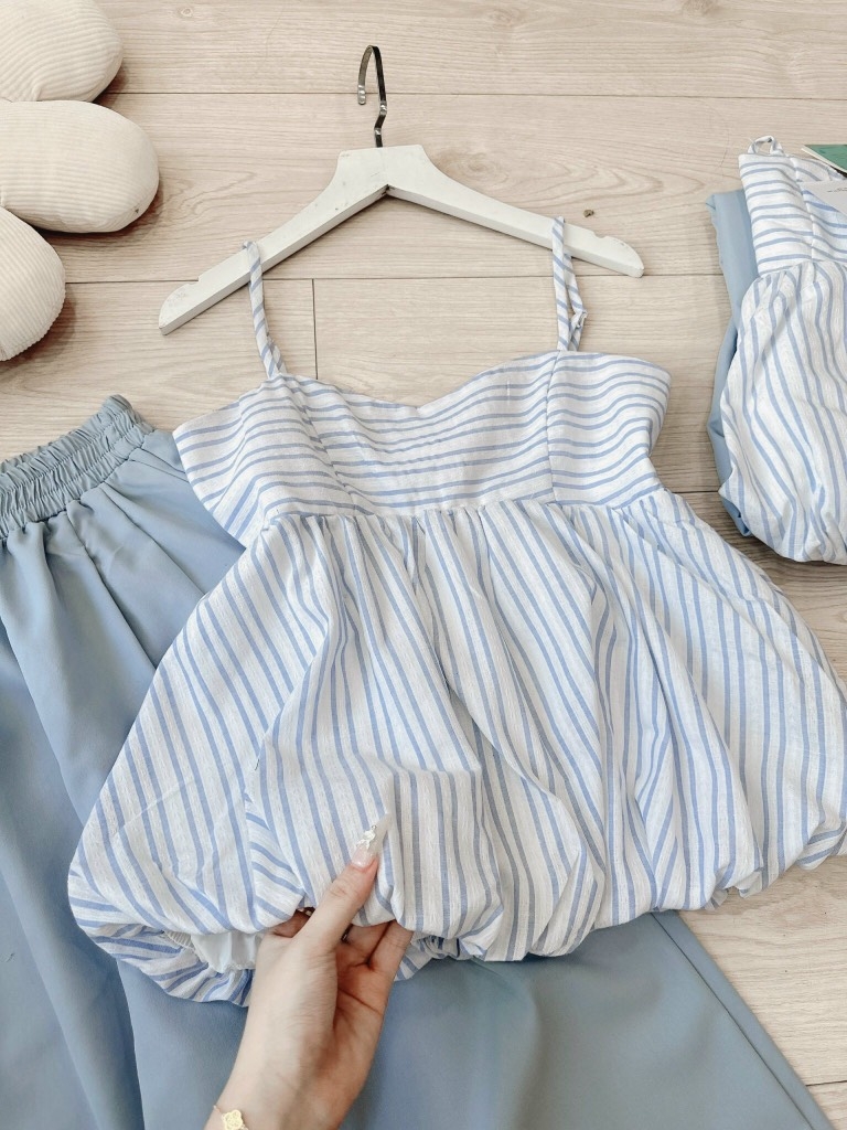 SET BỘ NỮ ÁO KẺ LI-EN BỒNG 2 LỚP CHẠY CHUN SẴN
