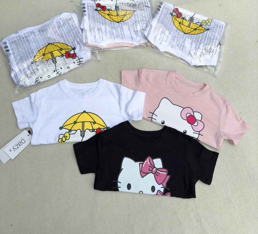 SÉT 3 ÁO CỘC HELLO KITTY TRẮNG HỒNG ĐEN BÉ GÁI SẴN (XẢ 75k)