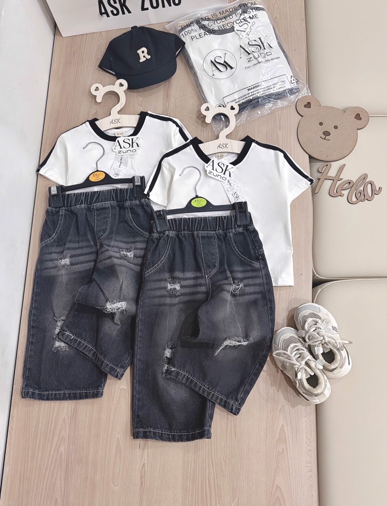 BỘ ÁO CỘC SỌC ĐEN QUẦN BÒ RÁCH BÉ TRAI SẴN (SALE 79k)