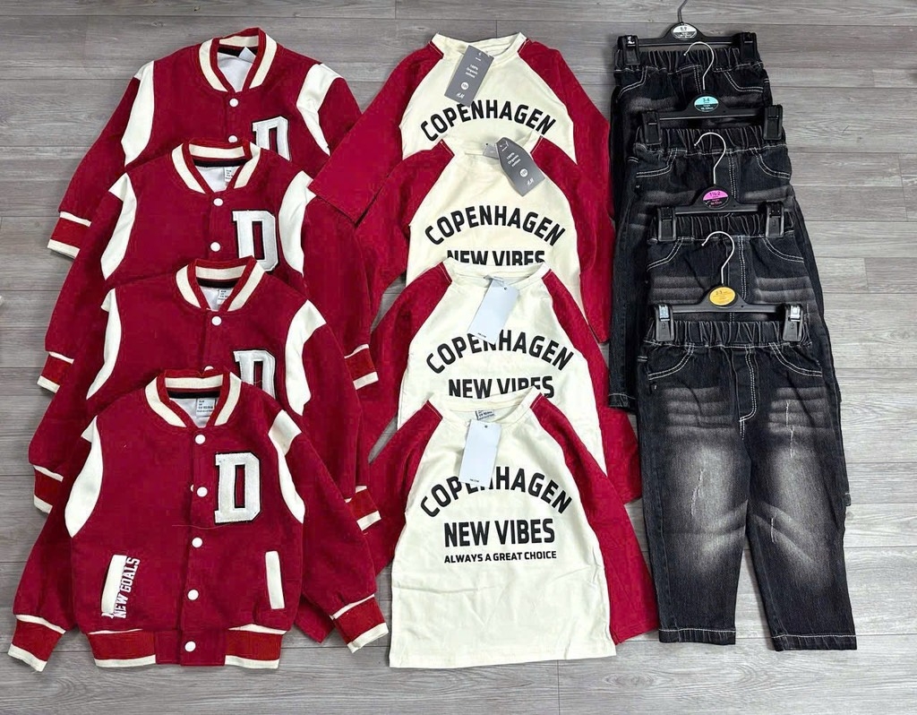 SÉT DÀI 3 MÓN COVER NEW ÁO KHOÁC BOMBER ĐỎ ÁO PHÔNG QUẦN JEAN BÉ TRAI