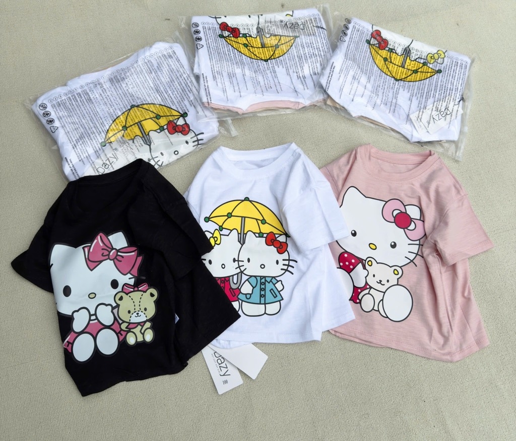 SÉT 3 ÁO CỘC HELLO KITTY TRẮNG HỒNG ĐEN BÉ GÁI SẴN (XẢ 75k)