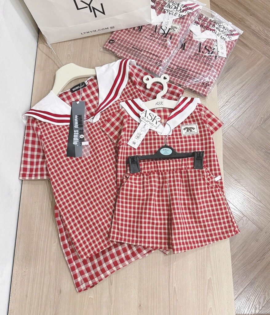 SET BỘ MẸ BÉ THUỶ THU CARO ĐỎ SẴN (XẢ 59k)
