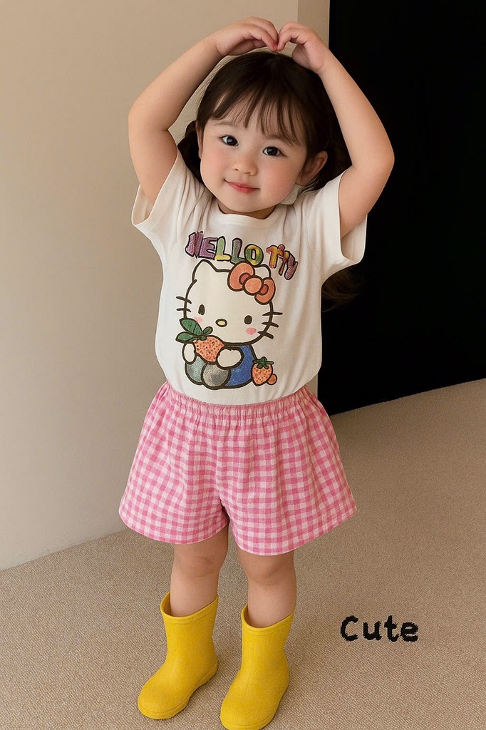 SET BỘ HELLO KITTY ZOZ WOW ÁO TRẮNG QUẦN SOOC CARO HỒNG BÉ GÁI SẴN