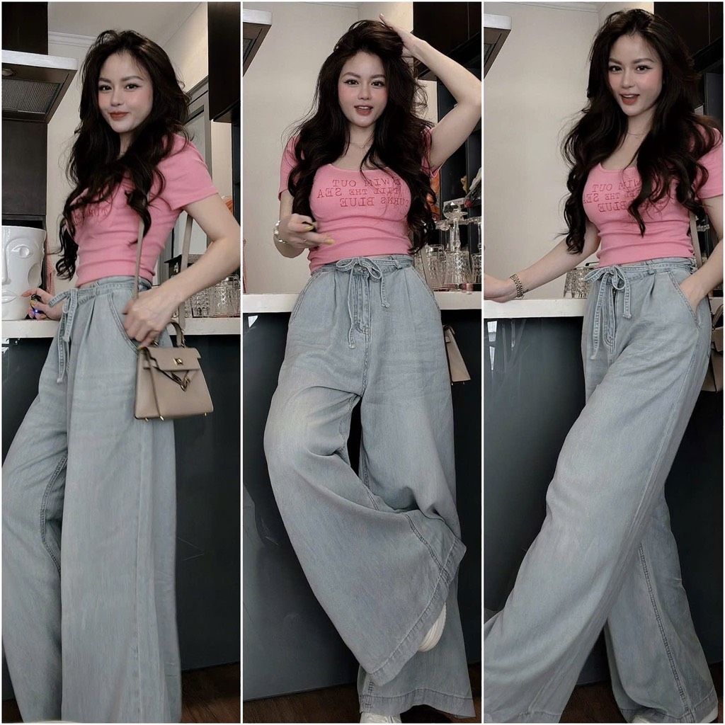 ÁO PHÔNG HỒNG QUẦN JEAN NỮ SUÔNG
