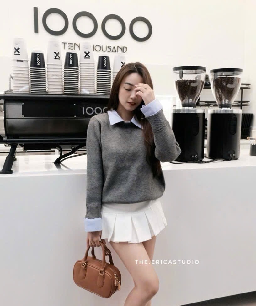 ÁO LEN XÁM PHỐI CỔ SƠ MI NỮ THU ĐÔNG