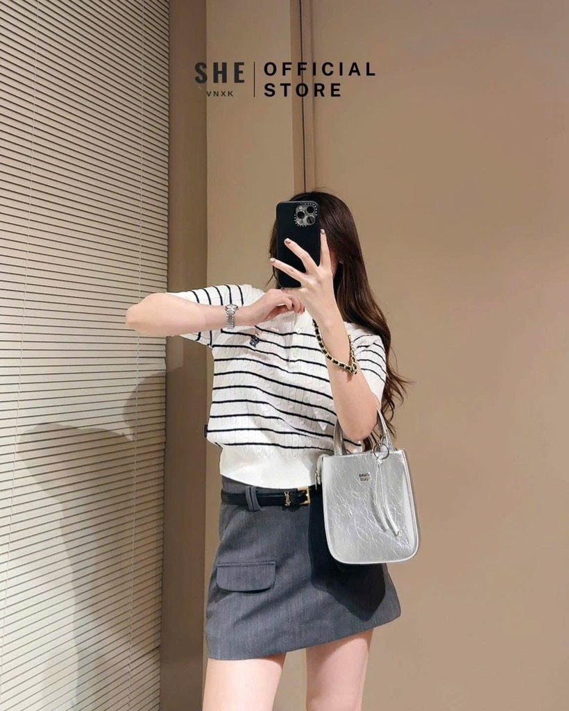 ÁO LEN KẺ THÊU GẤU CỘC TAY NỮ SẴN (SALE 95k)