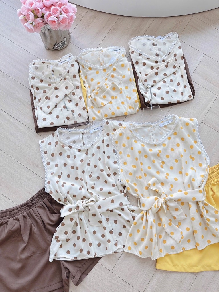 SET ÁO CHẤM BI PHỐI REN KÈM ĐAI THẮT ĐIỆU ĐÀ NỮ SẴN (SALE 139k)