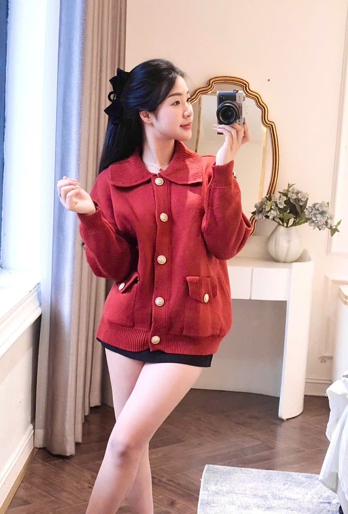 ÁO LEN CDG ĐỎ CAM CỔ BẺ NỮ THU ĐÔNG