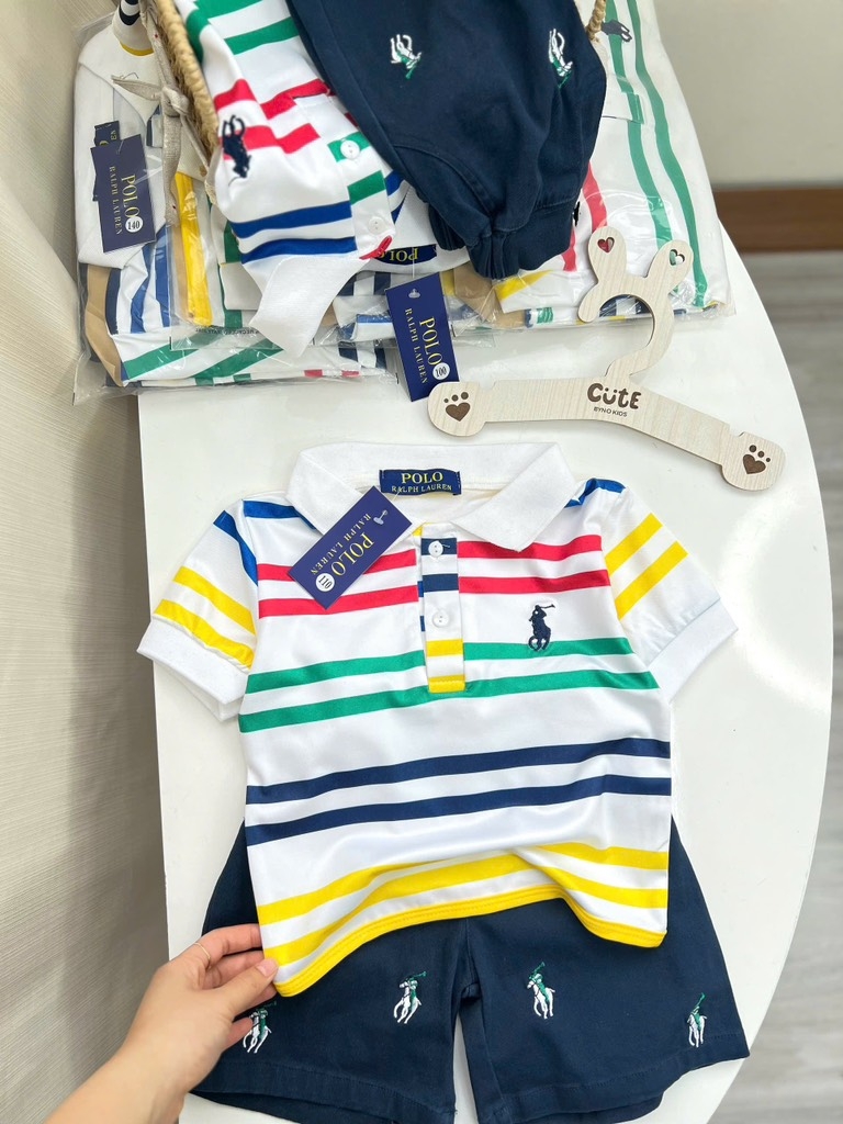 SÉT ÁO POLO SẮC MÀU QUẦN KAKI THAN THÊU TRÀN BÉ TRAI