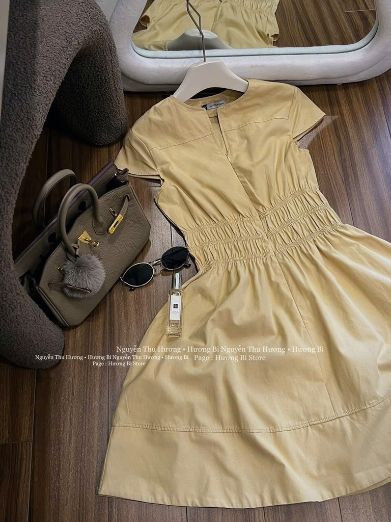 VÁY CỔ CAO TAY CỘC NHÚN EO NỮ