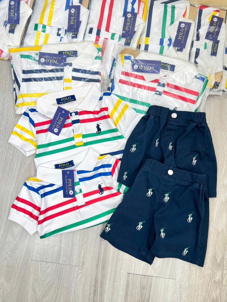 SÉT ÁO POLO SẮC MÀU QUẦN KAKI THAN THÊU TRÀN BÉ TRAI