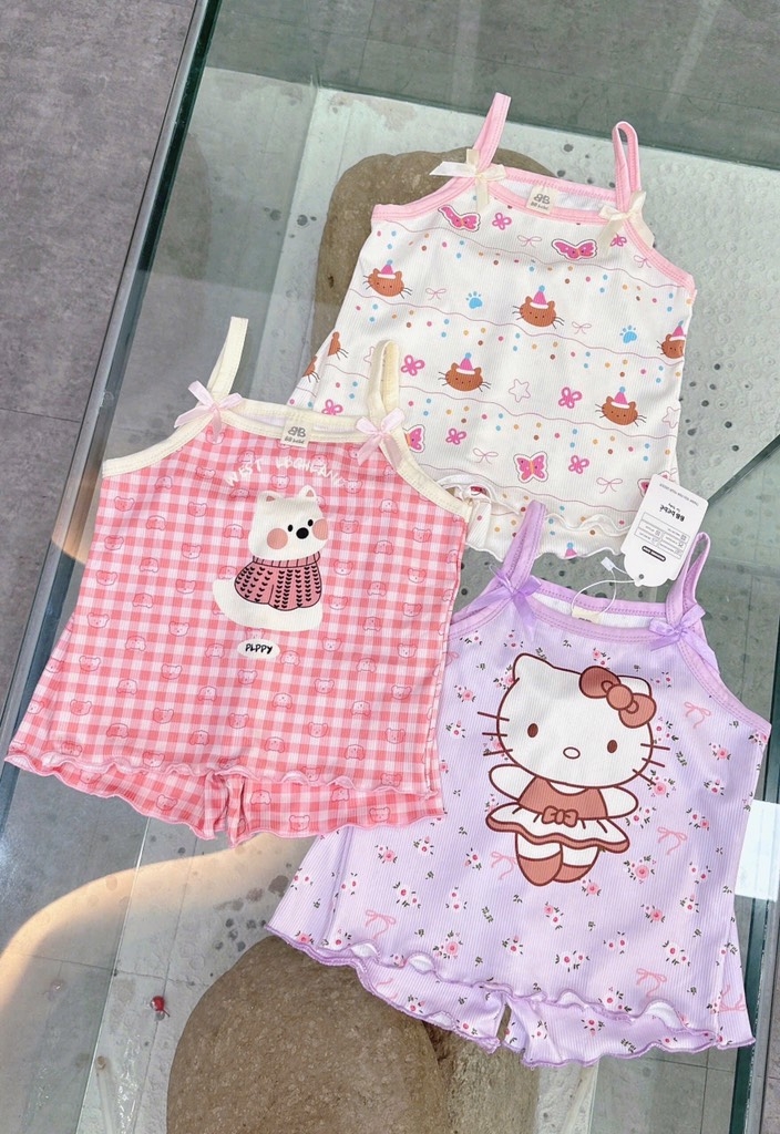 SET 3 BỘ ÁO 2 DÂY HELLO KITTY TÍM KẺ HỒNG BE BÉ GÁI SẴN(XẢ 85k)