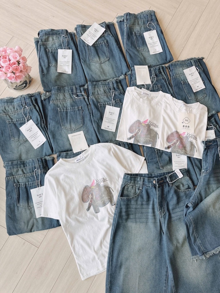 SET NGỐ JEANS NỮ CHÂN RUA MIX PHÔNG GIẤY VOI SẴN