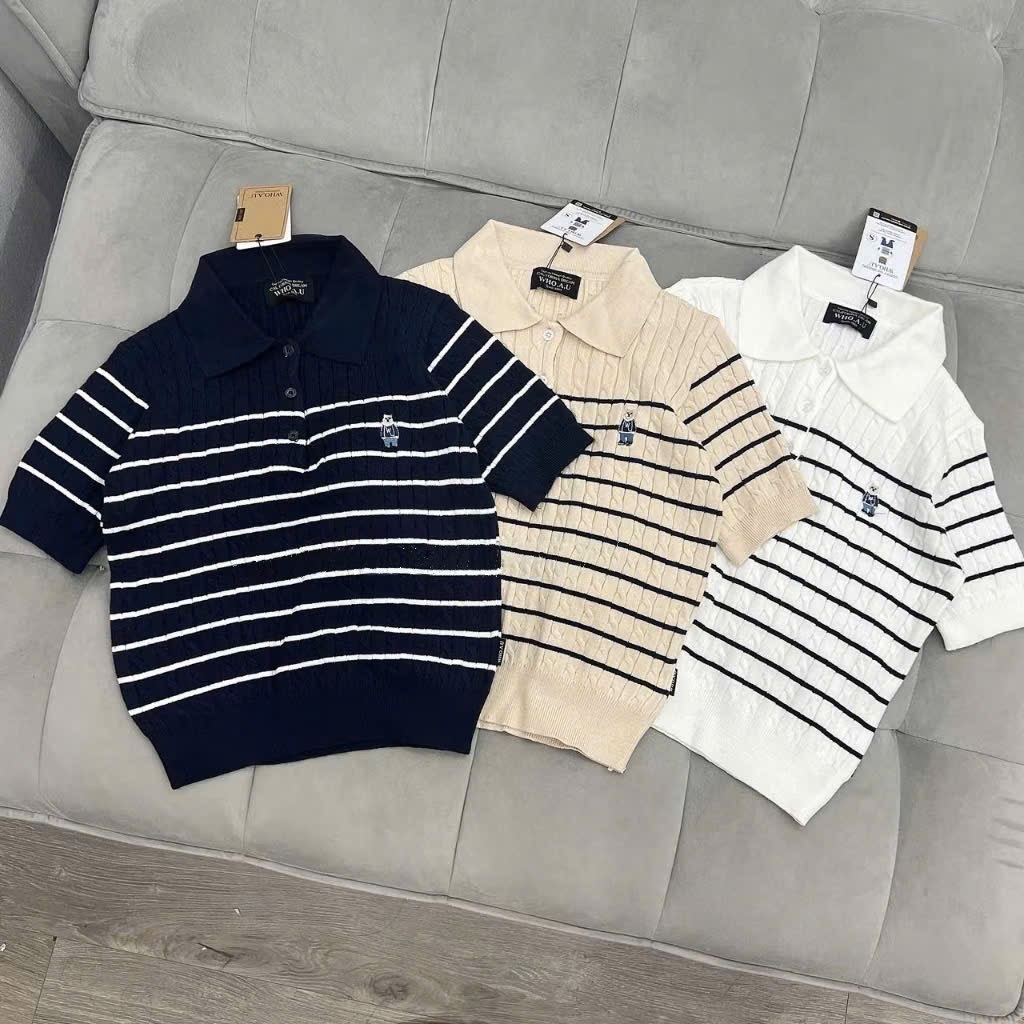 ÁO LEN KẺ THÊU GẤU CỘC TAY NỮ SẴN (SALE 95k)