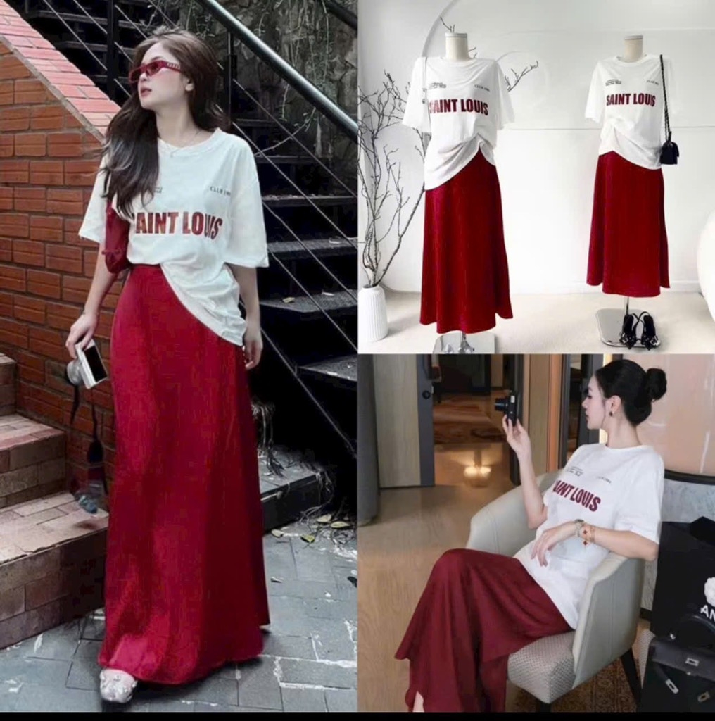 SET CHÂN VÁY ĐỎ ÁO PHÔNG  TRẮNG NỮ