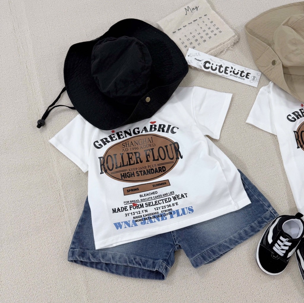 SÉT BỘ ÁO PHÔNG KEM ROLLER FLOUR QUẦN SHORT JEAN CHO BÉ TRAI