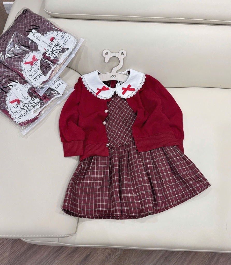 SET VÁY CARDIGAN ĐỎ TIỂU THƯ DÀI BÉ GÁI