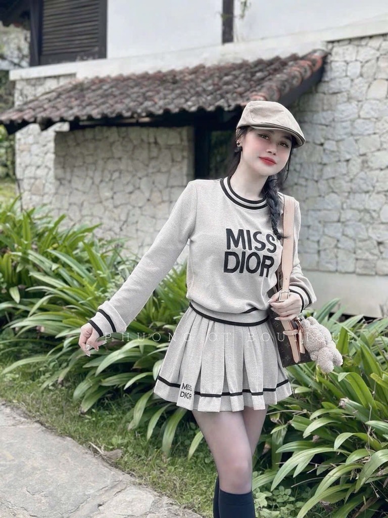 SET LEN LÔNG THỎ DIOR PHỐI SỌC CV XẾP LY 2 LỚP NỮ THU ĐÔNG SẴN