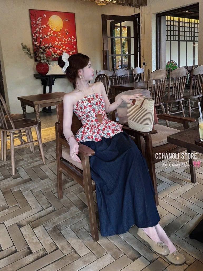 SET ÁO QUÂY HOA CÚP NGỰC MIX CHÂN VÁY DÁNG DÀI SẴN