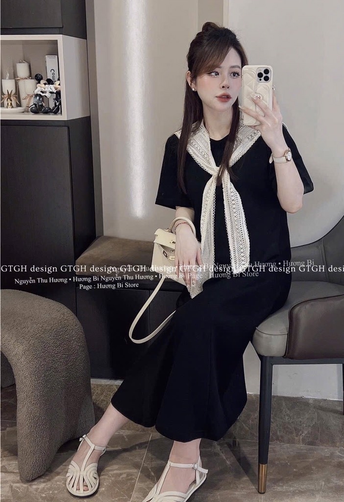 VÁY SUÔNG ĐEN KÈM KHĂN NỮ SẴN