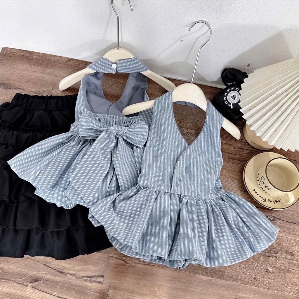 SET BỘ ÁO YẾM THẮT NƠ CHÂN VÁY BỒNG BÉ GÁI