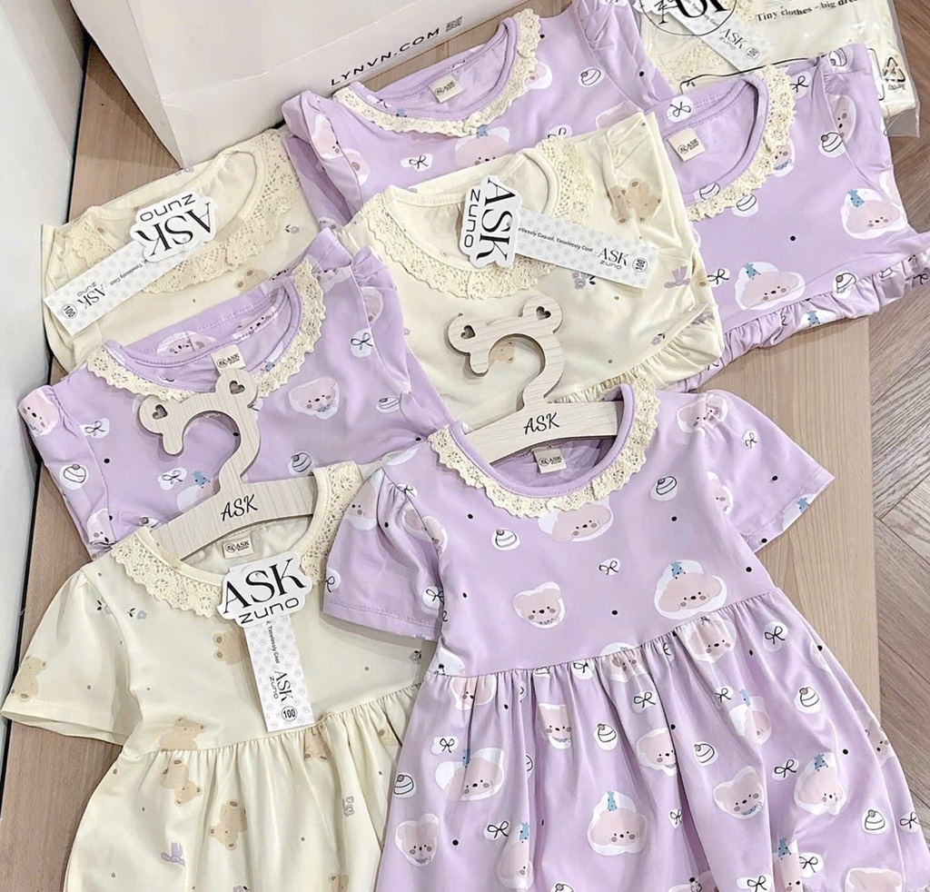 SET 2 VÁY COTTON GẤU TONE BE TÍM BÉ GÁI (TĂNG GIÁ)(XẢ 95k)