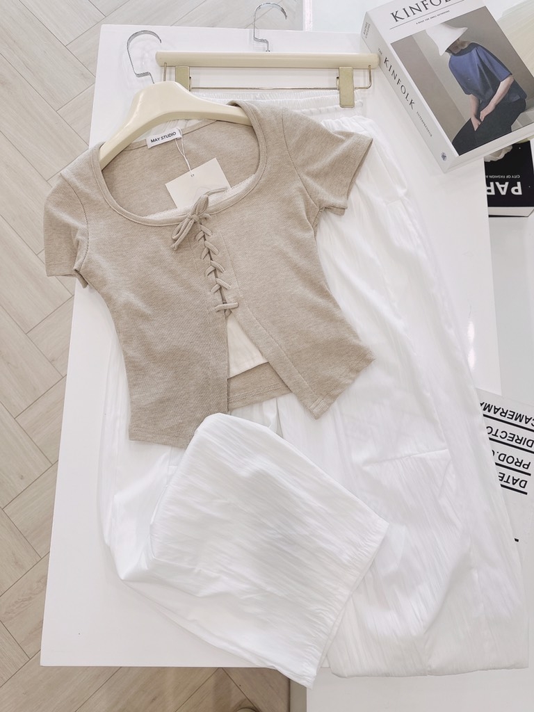 SET LEN HÀN MỎNG ÁO PHỐI MIX DÂY CÁCH ĐIỆU KÈM QUẦN NỮ