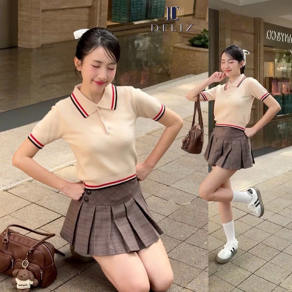 ÁO POLO LEN VIỀN SỌC MÀU BE NỮ SẴN