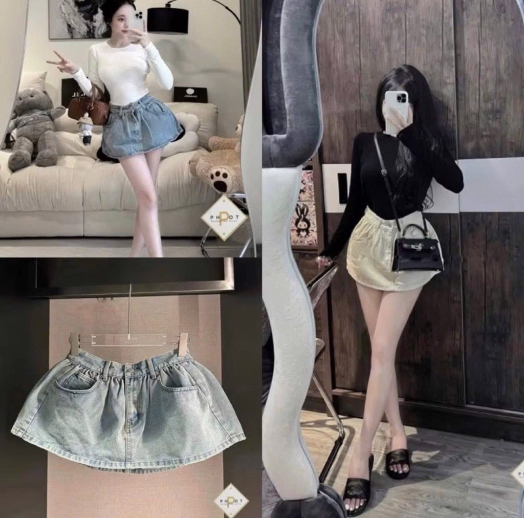 CHÂN VÁY BÒ NỮ DÁNG NGẮN 2 MÀU
