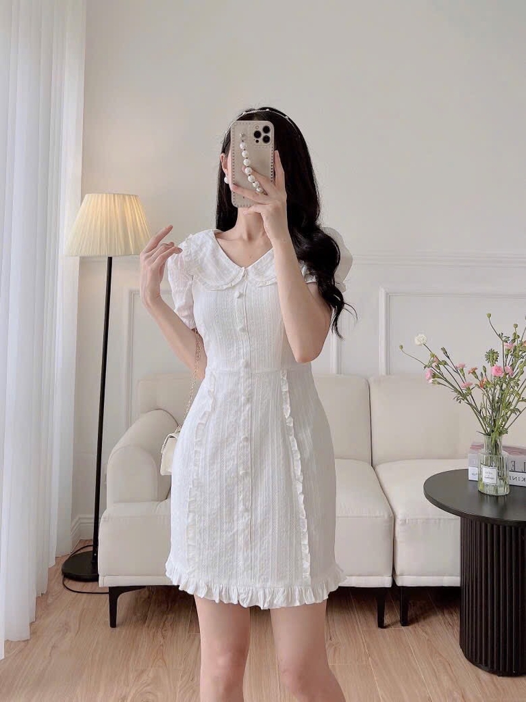 VÁY CỔ BÈO HAI LỚP CÚC BỌC NỮ SẴN (SALE 99k)