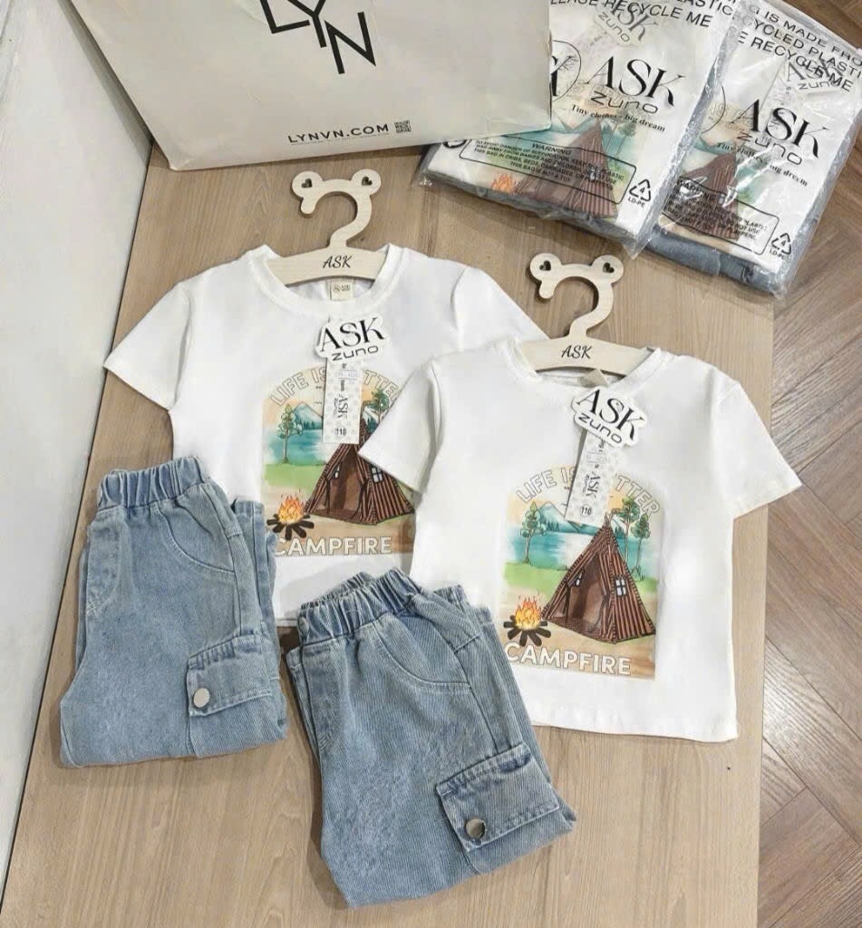 SET ÁO PHÔNG ÉP HÌNH CAMPFIRE QUẦN JEAN TÚI HỘP CHO BÉ TRAI