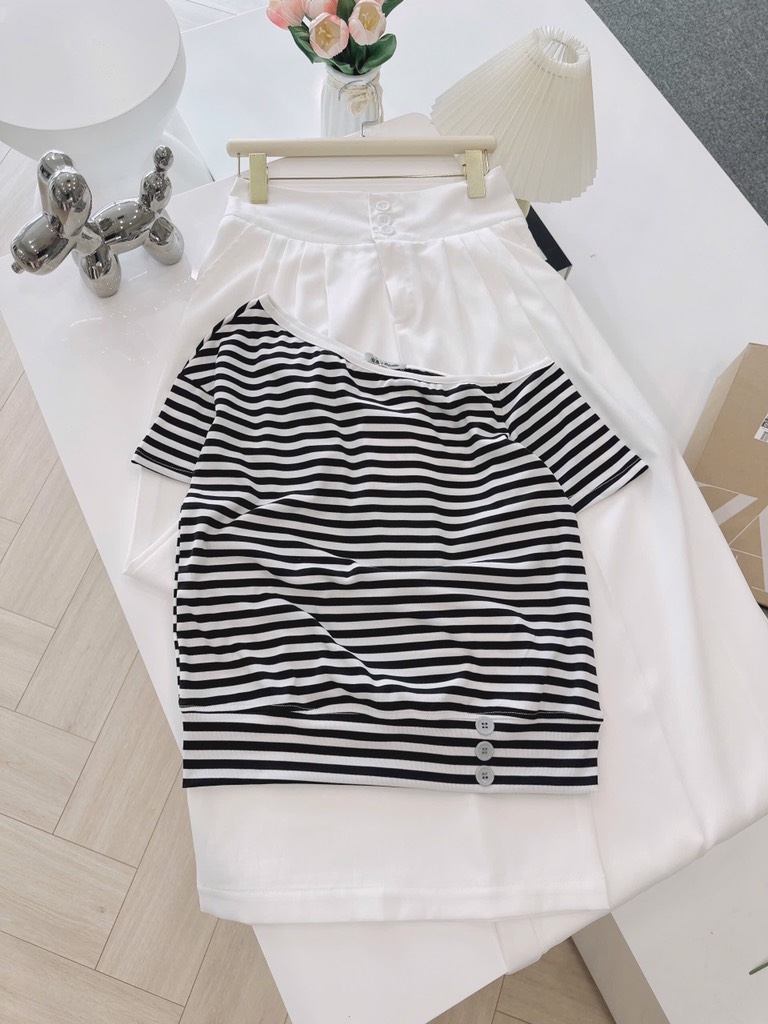 SET QUẦN LI BẢN CẠP TO CÁCH ĐIỆU MIX ÁO LỆCH VAI NỮ (SALE 155K)