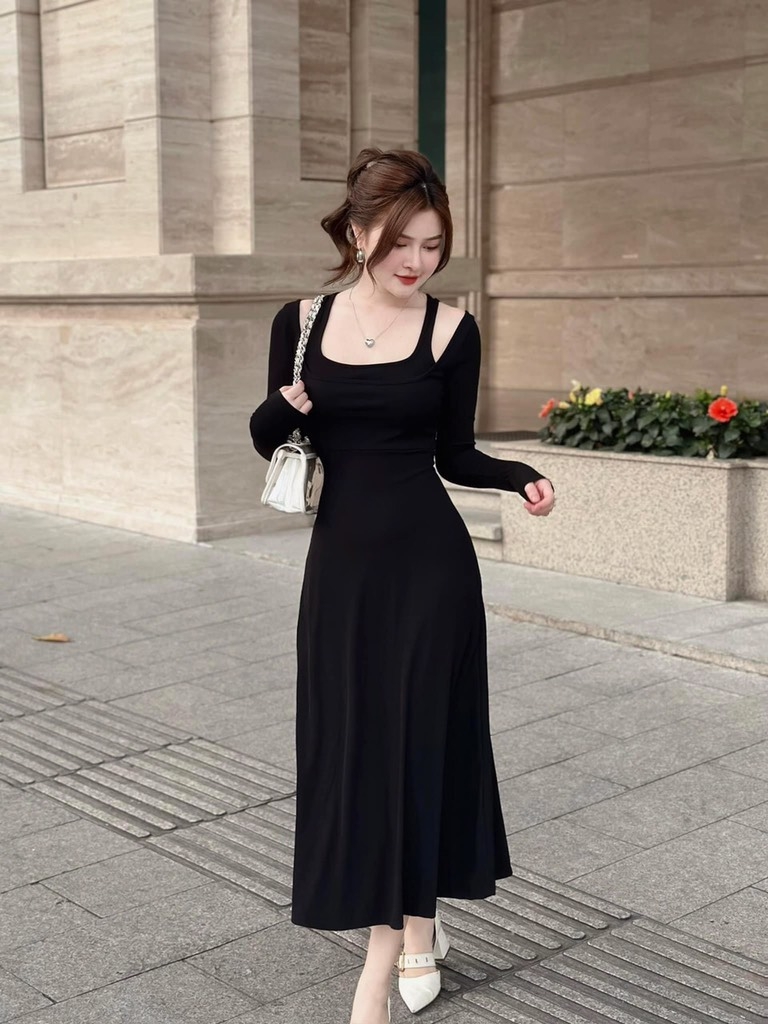 VÁY LEN MIDI CỔ VUÔNG ĐAN(xả 128k)