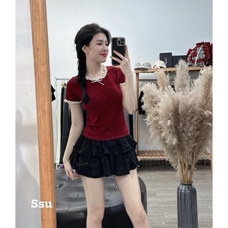 ÁO NỮ LEN LẠNH PHỐI REN BÈO ĐÍNH NƠ(xả 39k)