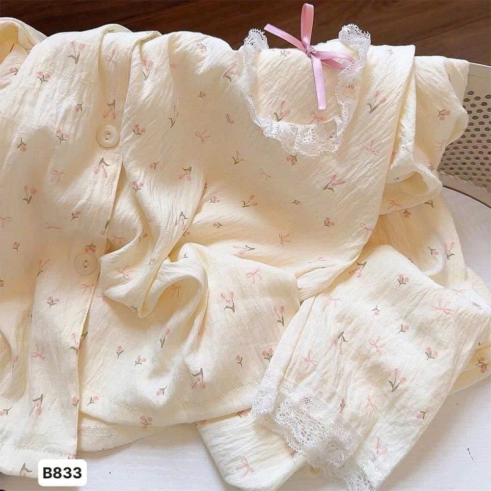SET BỘ PIJAMA ÁO DÀI QUẦN DÀI HOA NHĂN NỮ