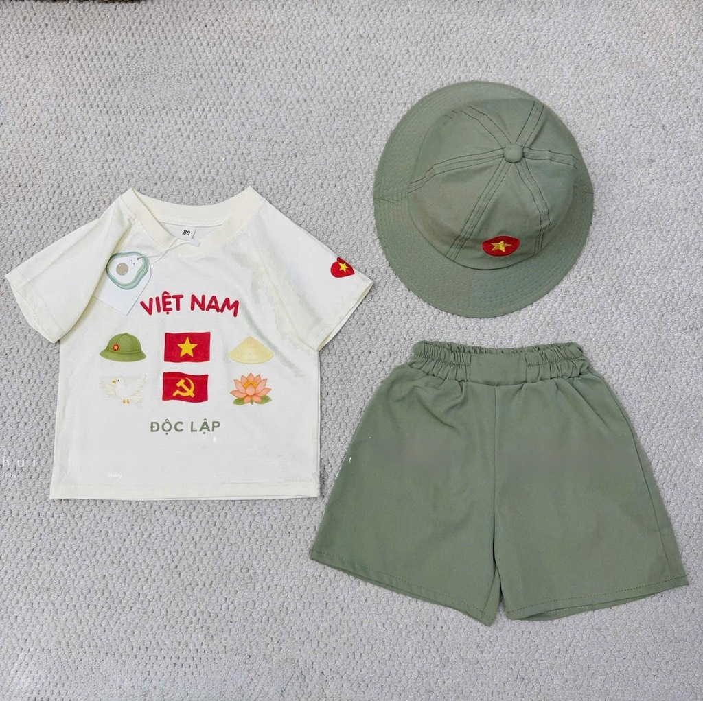 SET 3 MÓN ÁO VIỆT NAM ĐỘC LẬP KÈM MŨ XANH BÉ TRAI BÉ GÁI